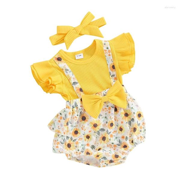 Conjuntos de ropa Bebé niña 2 piezas Conjunto de verano Manga de mosca Estampado de girasol Arco 3D Falso Mameluco de dos piezas Diadema acanalada Trajes para niños pequeños