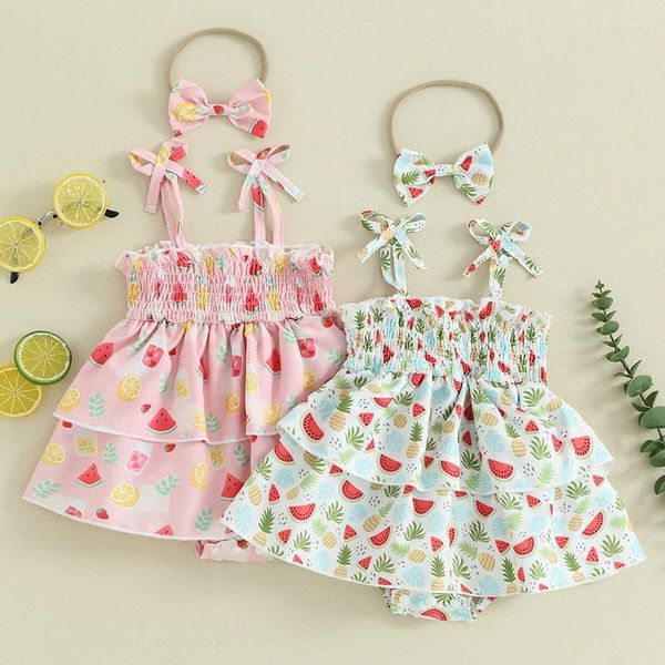 Ensembles de vêtements bébé fille 2 pièces tenues d'été sans manches imprimé fruits robe barboteuse smockée avec bandeau ensemble vêtements pour bébés