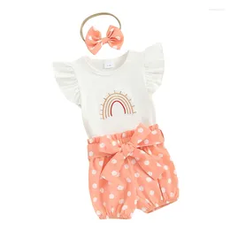 Kledingsets Babymeisjes 3-delige kleding Regenboogprint Romper en elastische stippenshorts met hoofdband Set zomeroutfits