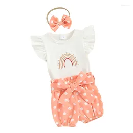 Ensembles de vêtements bébé fille 3 pièces vêtements arc-en-ciel imprimé barboteuse et short à pois élastique bandeau ensemble tenues d'été