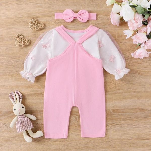 Ensembles de vêtements bébé fille 3 pièces ensemble col rond manches longues hauts patch broderie salopette bandeau infantile enfant en bas âge tenue de pâques