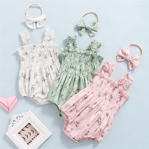 Conjuntos de ropa Conjuntos de verano para niña bebé Mono sin mangas Estampado floral Elástico Busto Tirantes para los hombros Mameluco Diadema con lazo Conjunto de 2 piezas