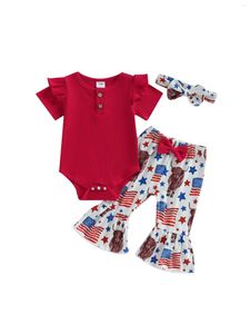 Ensembles de vêtements bébé fille 4 juillet tenues à manches courtes barboteuse côtelée à volants body Floral cloche bas enfant en bas âge vêtements d'été