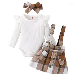 Vêtements d'automne pour bébés filles, ensemble de vêtements d'automne, à la mode, en coton, à volants, barboteuse à carreaux, jupe à bretelles, bandeau, 3 pièces, tenues pour tout-petits