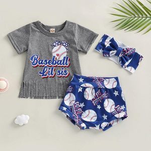 Kledingsets Baby Girl Baseball Outfit Little Sister grootste fan Romper Bloomer Headband 3pcs Zomerkleding