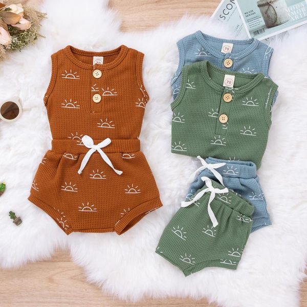 Ensembles de vêtements bébé fille garçon shorts ensemble été dessin animé petit soleil imprimé hauts sans manches taille élastique