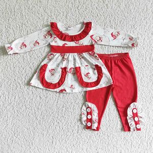 Conjuntos de ropa Bebé niña Navidad Manga larga Santa Claus Bolsillo con volantes Pantalones de algodón rojo Conjunto Venta al por mayor Ropa de moda para niños infantiles