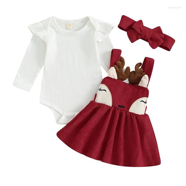 Ensembles de vêtements pour bébés filles, tenues de noël, barboteuse à manches longues, jupe à bretelles, bandeau, Costume de noël pour tout-petits, père noël