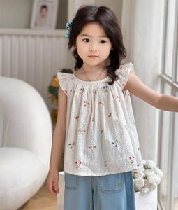 Ensembles de vêtements pour bébé vêtements pour enfants giilles de filles colorées broderie de cerise colorée mignonne douce et absorbant l'humidité manches volantes suspendues haut de gamme