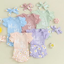 Kledingsets Babymeisjeskleding Set Zomer Peuter Romper met korte mouwen en Daisy Print Shorts Hoofdband Babymode-outfit