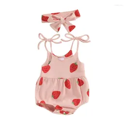 Ensembles de vêtements bébé fille vêtements fraise gaufre tricoté barboteuse licou sans manches body bandeau 2pc tenues d'été pour bébé