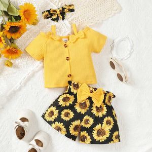 Kledingsets Baby Girl Clothing Set Fashionable Pendant Bow korte mouwen T-shirt+zonnebloem geprinte shorts voor kinderkleding J240518