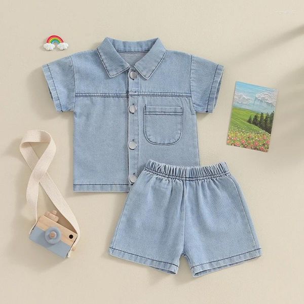 Conjuntos de ropa Bebé niña linda manga corta solapa con botones camisa de jean y pantalones cortos 2 piezas trajes de mezclilla para niños pequeños