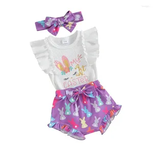 Ensembles de vêtements Baby Girl Vêtements de Pâques Lettre imprimé manche avec short et bandeau d'arc 3pcs Tenue décontractée