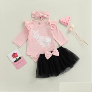 Conjuntos de ropa Baby Girl Ropa de Pascua Conjunto Body Romper Black Tle Tutu Falda Diadema 018M Nacido Infantil Niño Festival Traje Dr Dhnm0