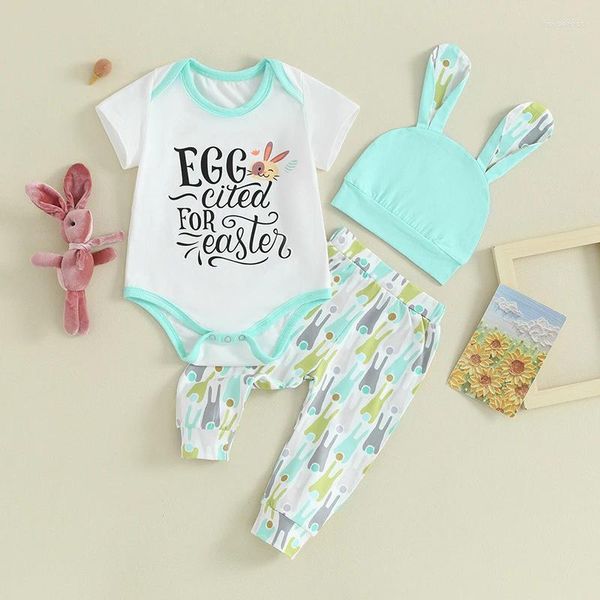 Ensembles de vêtements bébé fille tenue de pâques 3 pièces vêtements d'été à manches courtes lettre lapin imprimé barboteuse pantalon chapeau