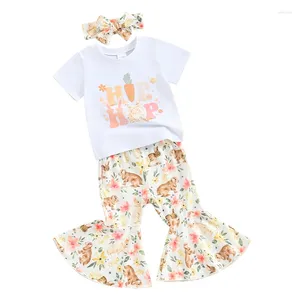 Ensembles de vêtements Bébé Fille Tenue de Pâques Hip Hop Lettre Imprimer T-shirt à manches courtes Flare Bell Bottoms Bandeau 3 pièces Ensemble