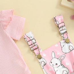 Kledingsets Babymeisje Paasoutfit Babyjurk Ruche Geribbelde Romper Jarretelrokje Set Met Hoofdband 3-delige kleding