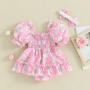 Conjuntos de ropa Bebé niña Traje de Pascua Vestido de mameluco infantil Monos de verano Conejito Estampado floral Mono de manga corta con diadema