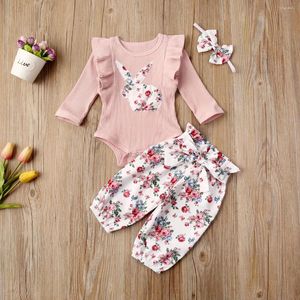 Kledingsets Baby Girl Easter Outfit Ruffle Romper Top Floral Bloomers broek met lange mouwen Set peuter Geboren kleren