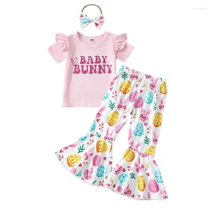Ensembles de vêtements bébé fille tenue de pâques à manches courtes lettre imprimée t-shirt pantalon évasé floral ensemble vêtements d'été pour tout-petits