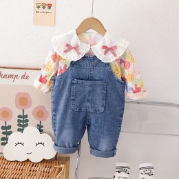 Ensembles de vêtements Baby Girl Automne Vêtements pour bébés 2024 Dessin animé Col rabattu Chemises à manches longues et salopettes Enfants Filles Boutique Outfit