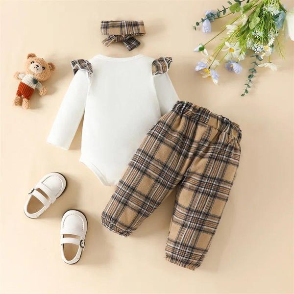 Ensembles de vêtements bébé fille automne hiver tenue à manches longues à volants barboteuse ours pantalon à carreaux brodé avec bandeau à nœud 3 pièces