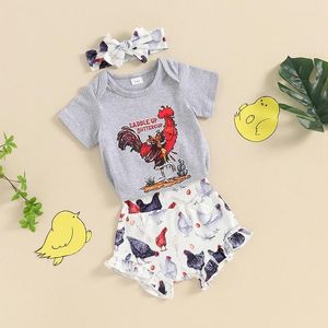Kledingsets Baby Girl Farm Outfits Kipprint Kort Mouw Romper Ruffled Shorts Hoofdband Set Zomer Country Kleding