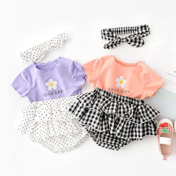 Ensembles de vêtements bébé fille mode fleur violet manches courtes hauts infantile blanc pois coton jupe plissée deux pièces avec bandeau