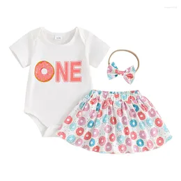 Kledingsets Baby Girl First Birthday Outfit Eén korte mouw Romper shirt Donut print tutu shorts rokhoofdband set