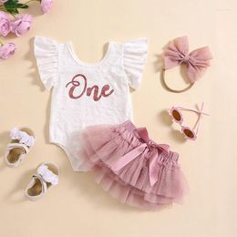 Kledingsets Baby Girl First Birthday Outfit Ruffle One Sleeve Romper Tutu Skirts Set met hoofdband mijn 1e cadeaus kleding
