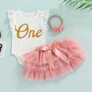 Ensembles de vêtements pour bébé fille première tenue d'anniversaire à manches à manches à manches de lacet de lacet de lacet jupe avec bandeau h240508