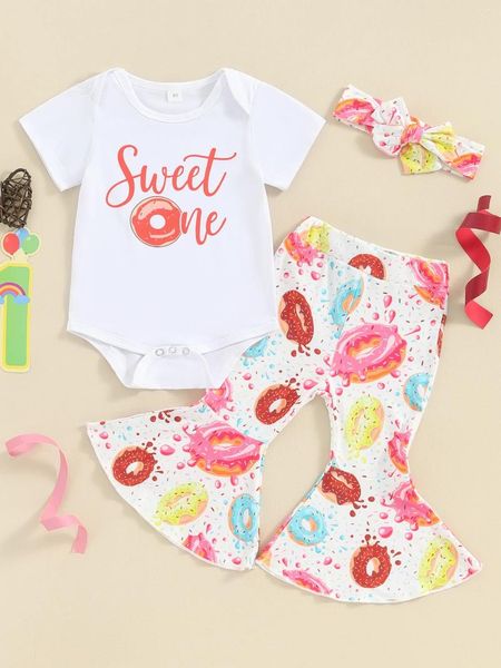 Ensembles de vêtements bébé fille premier anniversaire tenue lettre impression barboteuse cloche bas pantalon avec bandeau 3 pièces ensemble