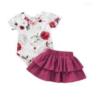 Ensembles de vêtements bébé fille manches évasées imprimé fleuri barboteuses hauts Mini jupe Tutu tenues décontractées en coton ensemble princesse fête école 2022 vêtements