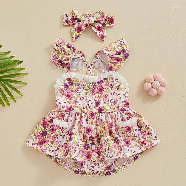 Sets de ropa Baby Girl Floral Comper Dress Halter sin mangas sin espalda Butal Up Bodysuit estampado de mono de mono de montura de mono