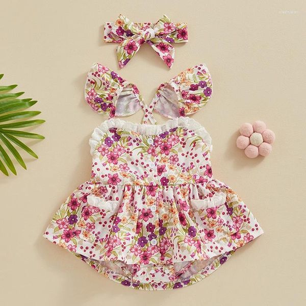 Ensembles de vêtements bébé fille roberie florale robe sans manches licait le bouton sans dossier de bodys à saut