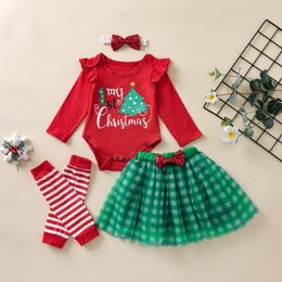 Kleding sets baby meisje vierdelig kleding set schattige kerst print lange mouw jumpsuit en plaid gaas rok boog hoofdband