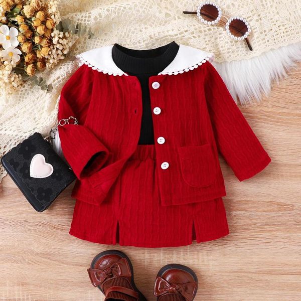 Ensembles de vêtements bébé fille infantile Pit Stripe haut à manches longues tricoté poupée cou manteau fente jupe courte 3 pièces année rouge ensemble vêtements