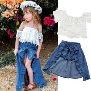 Kledingsets Baby Girl Kid Lace Collar Off-Shoulder T-shirt Top + Shorts + Shawl broek feestkleding Outfits H240508