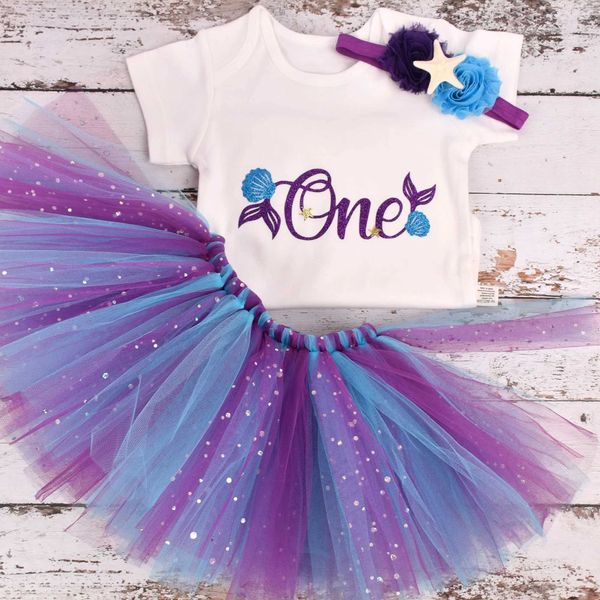 Conjuntos de ropa Baby Girl Mermaid Birthday Tutu Tutfit Under the Sea Tema de la primera fiesta de cumpleaños.