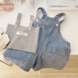 Ensembles de vêtements bébé fille tenue ensemble gilet bretelles infantile enfant en bas âge enfant sans manches haut jean shorts été décontracté denim vêtements 1-10 ans