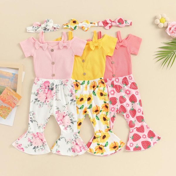 Ensembles de vêtements Baby Girl Pantals Tenues à manches courtes Spaghetti Strap Bow Romper avec imprimé de fraise et bandeau