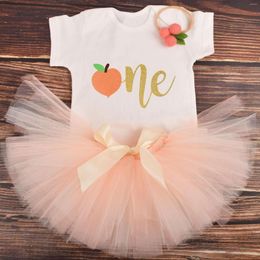 Conjuntos de ropa Baby Girl Peach Birthday Tutu Outfit Infant 1st Party Costume Shower Gift con diadema de nylon como conjunto
