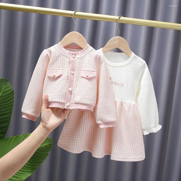 Ensembles de vêtements Baby Girl Robe Robe Set Printemps / Automne Single Breas à manches longues Couleur Couleur Bloc 2PS Sweet Cute Children's