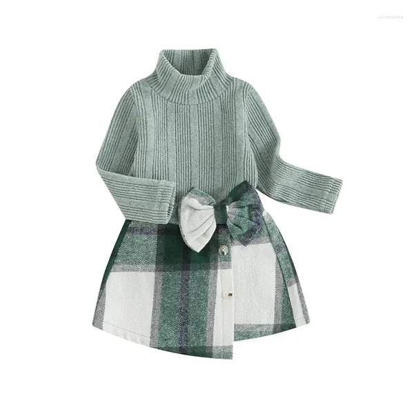 Ensembles de vêtements bébé fille jupe à carreaux tenue pull à col roulé à manches longues haut en tricot uni bouton avant court avec nœud papillon