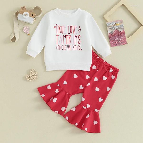 Conjuntos de ropa Baby Girl Sudadera con capucha roja para el día de San Valentín Conjunto de dos piezas Letra de manga larga impresa combinada con pantalones acampanados en forma de corazón