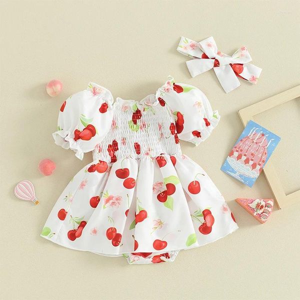 Conjuntos de ropa Bebé niña mameluco vestido infantil ropa de verano fruta cereza estampado mono de manga corta con traje de diadema