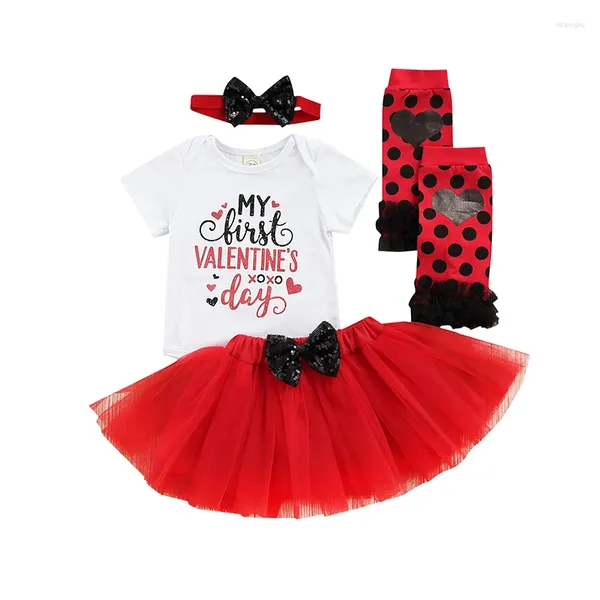 Ensemble de vêtements Baby Girl Swirts Turts Tenues à manches courtes Blanc Red Mesh Bow-Knot-Bandband Dot Set