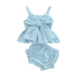 Kledingsets Baby Girl Shorts Set met gestreepte bedrukte grote boog mouwloze sling top+hoge taille elastische shorts J240518