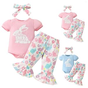 Conjuntos de ropa para bebé niña mameluco ahumado lindo manga corta triángulo sudadera con capucha estampado completo pantalones acampanados conjunto ropa nacido regalo largo